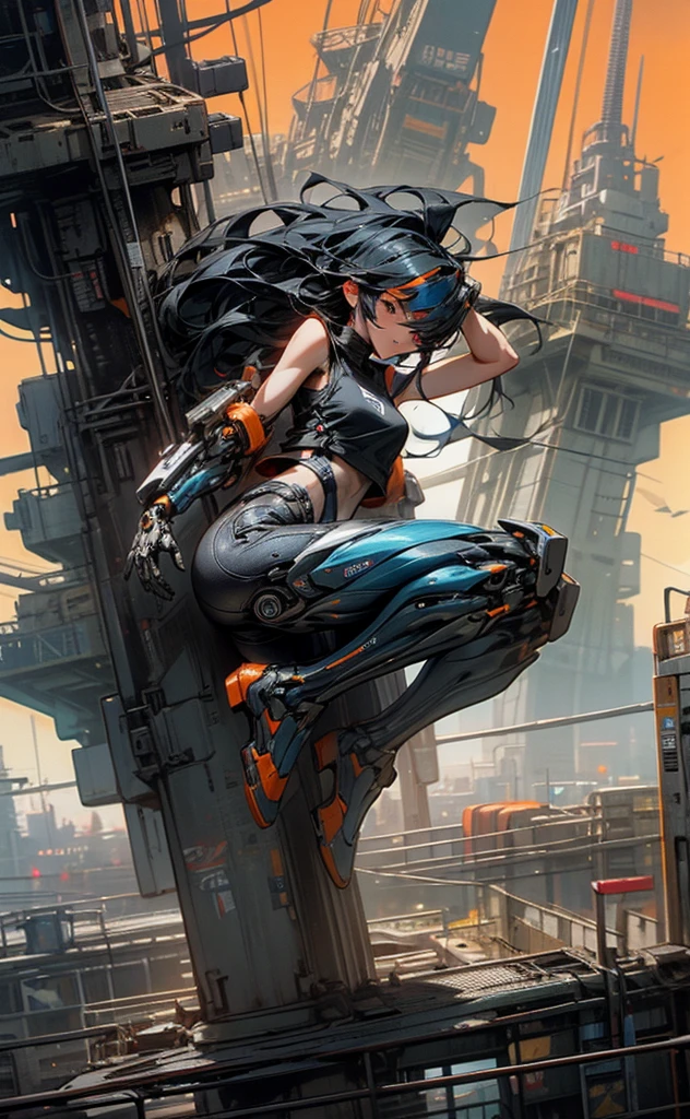 Long black hair、Beauty、White tank top、Highest quality、cyber punk、Orange goggles、cyborg、background(Sky and Machine City)blue sky、Jumping figure