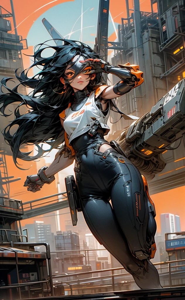 Long black hair、Beauty、White tank top、Highest quality、cyber punk、Orange goggles、cyborg、background(Sky and Machine City)blue sky、Jumping figure