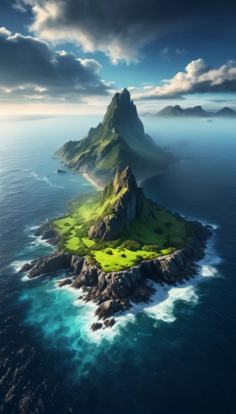 a mysterious island, mountainous landscape, misty atmosphere, rocky coastline, aerial view, cinematic lighting, dramatic clouds, serene ocean, photorealistic, highly detailed, vibrant colors, realistic textures, fantasy landscape, dramatic shadows, atmospheric haze, epic scale, wide angle composition, masterpiece quality, dark aura