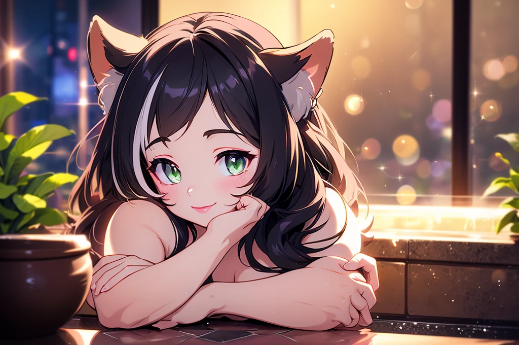 a cute nude cat girl with your little daughter, wearing lipstick, with oversized breasts, smiling, digital art, hyperrealistic, 8k, photorealistic, highly detailed, intricate details, cinematic lighting, vibrant colors, warm color palette, masterpiece, wet, in the bathroom, black hair, kiss