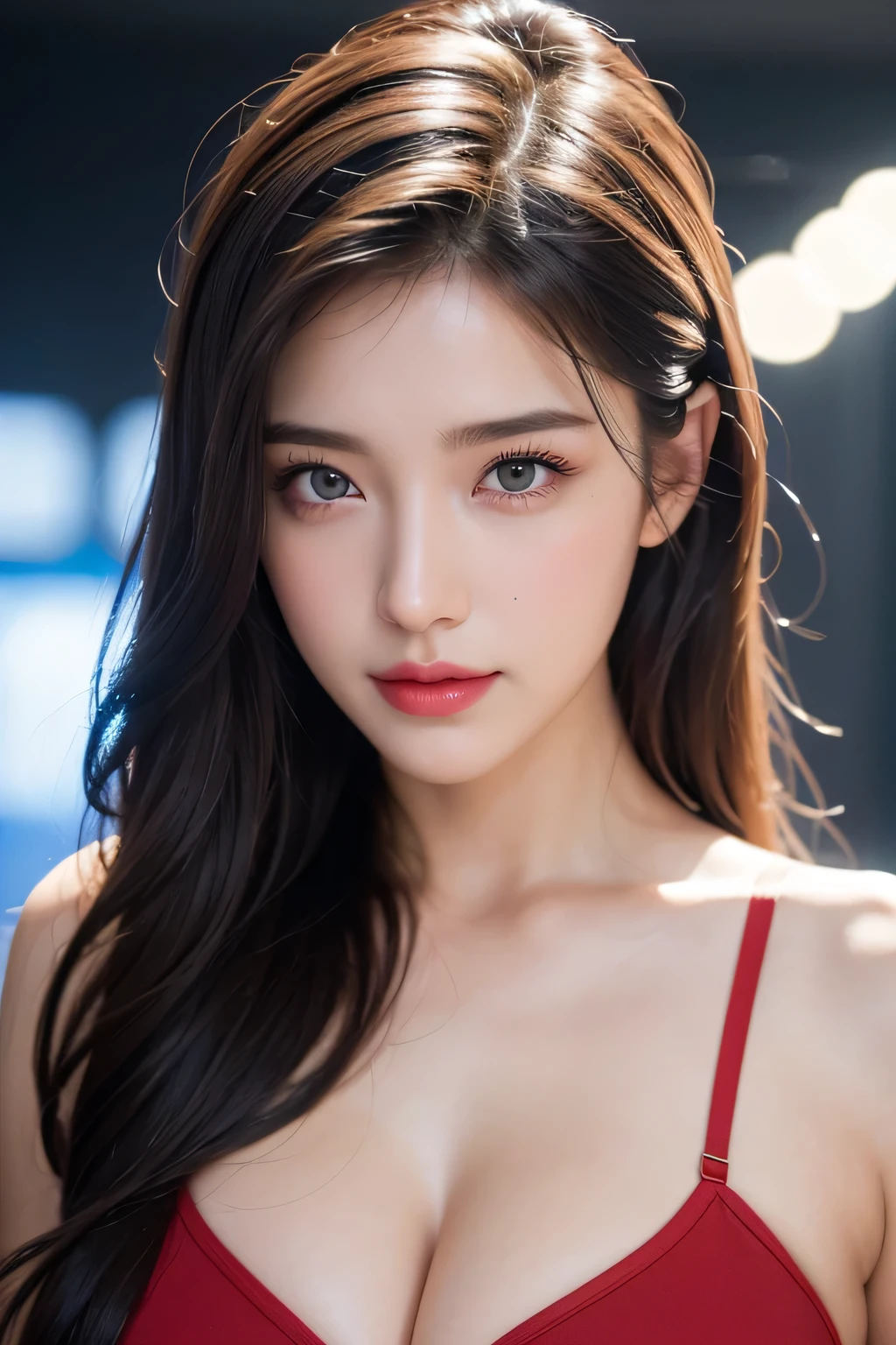 High-quality work,Realistic works,Super premium graphics,8K HD CG works,high quality graphics,High-definition and exquisite CG works,10x pixels,Ultra-fine details:1.1,Advanced technical details:1.1Realistic photo effects,Interior lighting effects:1.5,natural soft light:1.5. Light effect(Virtual light effects:1.8),ultra high resolution,shining dress,sliver long hair,silber hair,transparenthair,high detailed hair(Quality hair details:1.1)Clear eyes,Double eyelids look good,Sharp eye makeup, Create exquisite eyelash makeup, tthin eyebrows, Ultra-detailed eyes,a tall nose, lovely red lips, rosey cheeks, With delicate makeup on her face , pretty face, The face shape is perfectly proportioned,(Advanced facial details:1.1)(8K), (highest quality: 1.2), (realistic), (realistic: 1.37), ultra high resolution, (1 girl, cute, smile, closed mouth, thick lips,red lip,beautiful details, beautiful nose, (straight black hair), smooth hair,giant dulcefo, self snap,(Light colored sports bra),(Yoga Shorts:1),(Natural knee-high socks),(Model poses at the motor show),(Standing:1.1),Close up on wet thighs,(Medium Shot:1.2),cleavage,From above,Women's artwork,Dress full body video,Realism,Amazing Cleavage,My eyes are very bright today