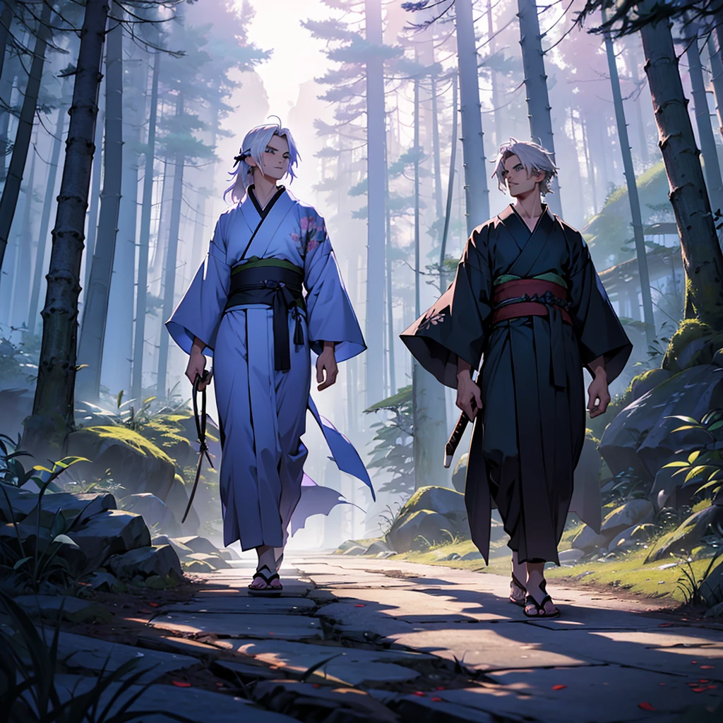 make a 24 year old boy with short white hair and green eyes wearing a torn kimono and with a katana on his waist walking next to a 31 year old girl with purple dark long hair and light eyes wearing a light blue kimono behind a large mountain around a dense forest of dark and fantasy aesthetics
