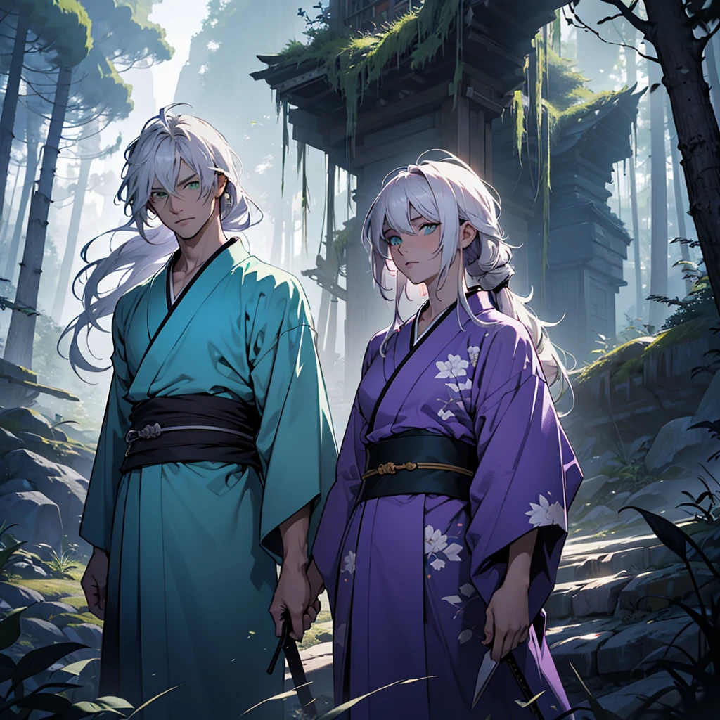 make a 24 year old boy with short white hair and green eyes wearing a torn kimono and with a katana on his waist walking next to a 31 year old girl with purple dark long hair and light eyes wearing a light blue kimono behind a large mountain around a dense forest of dark and fantasy aesthetics