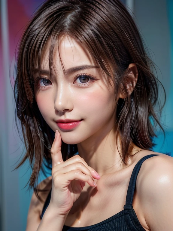 ((anatomically correct, There are five fingers, Raise own index finger:1.2, Place index finger on lips:1.2, Gesture of kissing own index finger, Kissing gesture, Poke out lips, Laugh mischievously, A slight smile)), (masterpiece:1.2, Highest quality), (Beautiful, detailed eyes:1.2, Beautiful skin, Beautiful hair, Beautiful eyes, seductive eyes:1.2), ((Woman)), ((Asymmetrical short hair)), (Highly detailed CG, Super detailed, Best Shadow:1.1), ((Depth of written boundary:1.1)), (Detailed eyes and face:1.3), ((watercolor)), beautiful concept figure, (figure:1.1), (Perfect detail:1.1), looking at viewer, Good posture and dignity, From the neck up, natural soft lighting, evening sunset, Highlights in the eyes, Very perfect and beautiful face, close up shot, glossy lips, Bare shoulders, (vibrant colors, vivid colors background:1.2),