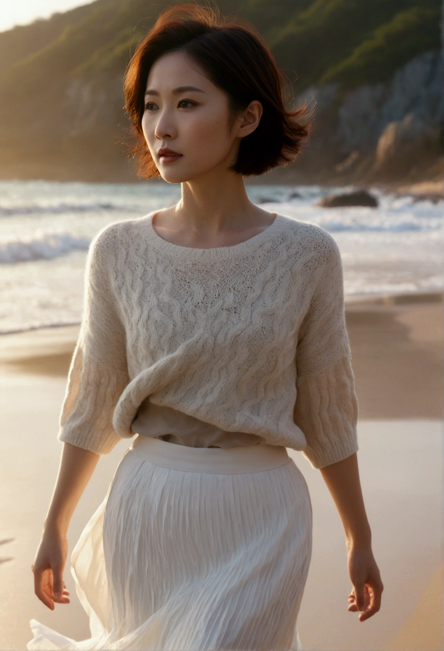 8k, realistic, lifelike photo, Realistic appearance of nature, beach at sunset, pale light, 36 year old Korean woman, short medium hair, woman walking along the beach. Close-up from afar with a wide-angle lens, knit top, white light skirt, waves crashing
