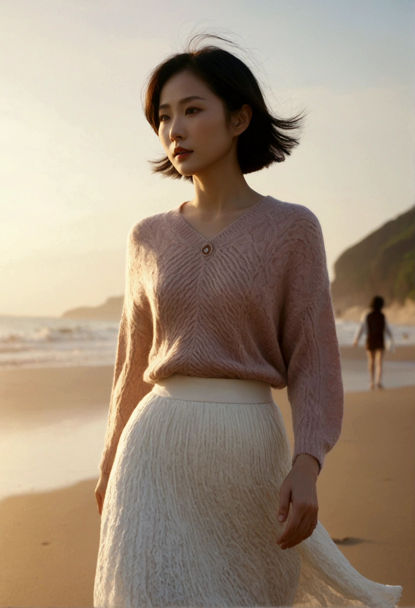 8k, realistic, lifelike photo, Realistic appearance of nature, beach at sunset, pale light, 36 year old Korean woman, short medium hair, woman walking along the beach. Close-up from afar with a wide-angle lens, knit top, white light skirt, waves crashing