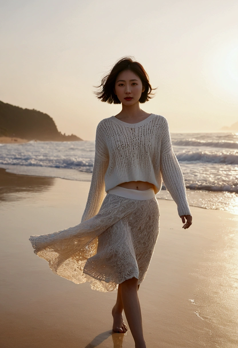 8k, realistic, lifelike photo, Realistic appearance of nature, beach at sunset, pale light, 36 year old Korean woman, short medium hair, woman walking along the beach. Close-up from afar with a wide-angle lens, knit top, white light skirt, waves crashing