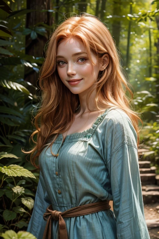 47 year old Human long strawberry blonde hair, human female smiling in a forest with a pleasant expression. Blue, Brown, Green. Wearing a cotton and linen dress with multiple colors.