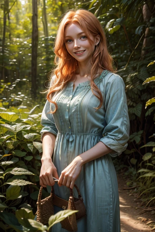 47 year old Human long strawberry blonde hair, human female smiling in a forest with a pleasant expression. Blue, Brown, Green. Wearing a cotton and linen dress with multiple colors.
