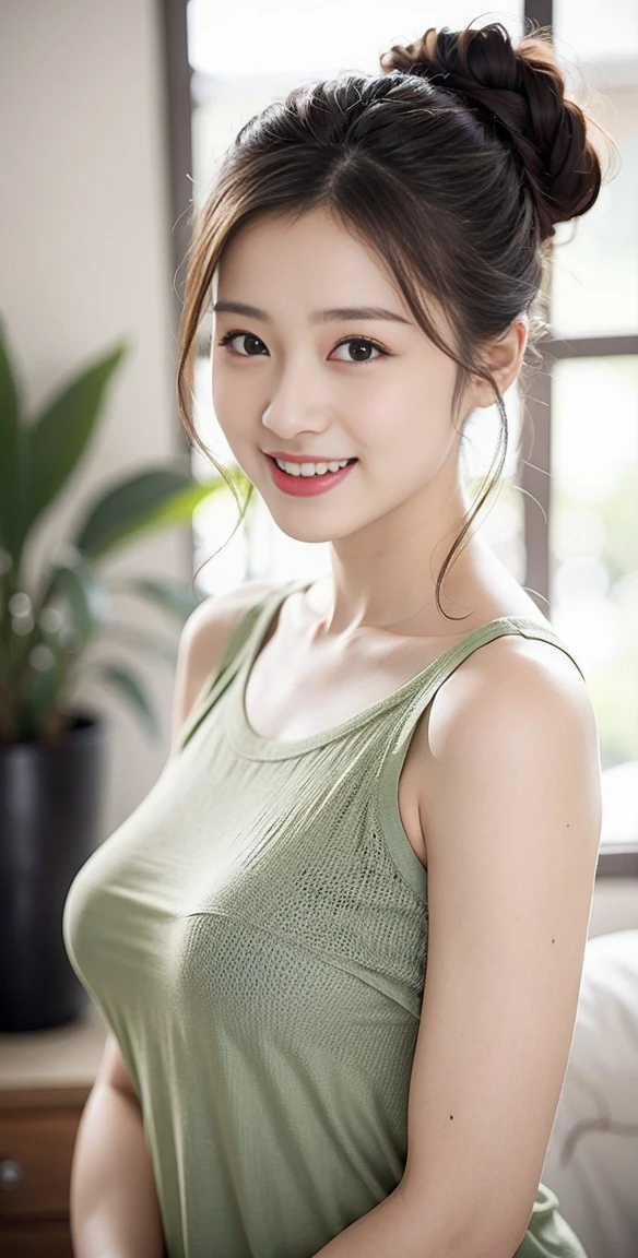 8K picture quality、high resolution、Realistic skin texture、high resolutionの瞳、Miss、日本夏季办公室Miss、Sleeveless knitted shirt、Princess hairstyle、Thin、、Large Breasts、(a charming smile:1.2), Brown hair、Thin脚、Large target、Sweat accumulates on the chest、roof、Comb your hair up,look、stare、Houseplant、verdant、look到whole body、window,RHA30