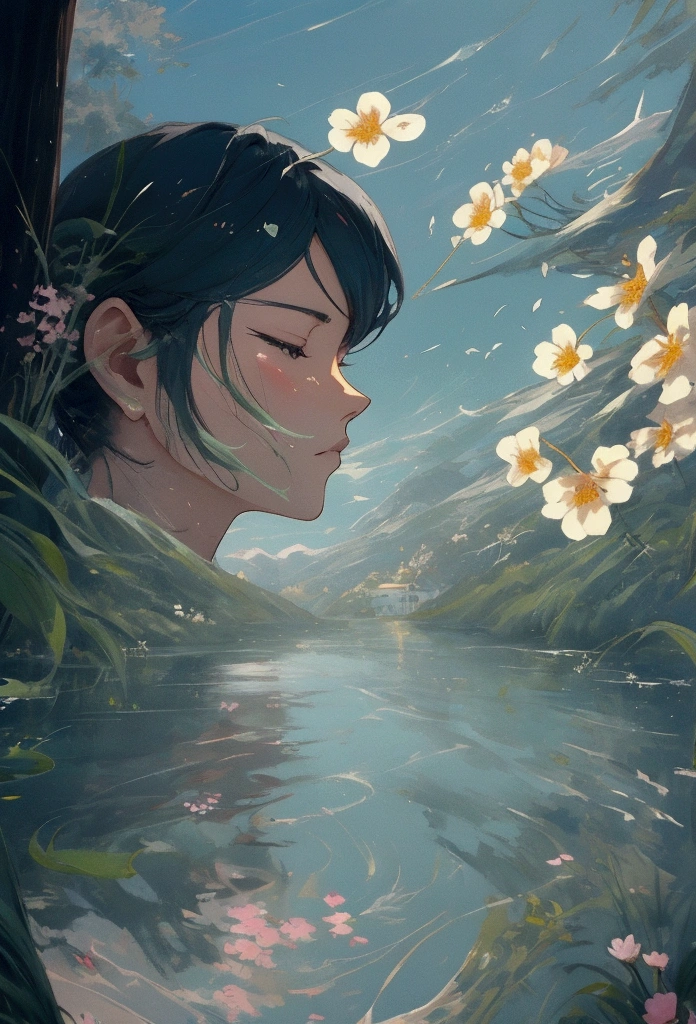 The painting shows a boat in the lake，Surrounded by flowers, Relaxation concept art, Anime beautiful peaceful scene, Beautiful anime scene, Landscape Artwork, Beautiful anime scenery, Peaceful environment, Ross Chen. Landscape background, Peaceful scene, Tranquil scenery, Anime Nature, Silvaan Sarayi, relaxing environment, Beautiful and detailed scenes, Peaceful atmosphere, Dreamlike scene, Shen Haicheng