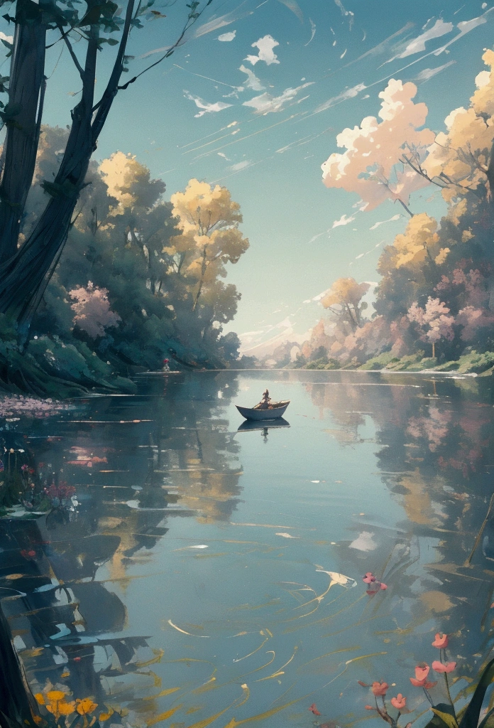 The painting shows a boat in the lake，Surrounded by flowers, Relaxation concept art, Anime beautiful peaceful scene, Beautiful anime scene, Landscape Artwork, Beautiful anime scenery, Peaceful environment, Ross Chen. Landscape background, Peaceful scene, Tranquil scenery, Anime Nature, Silvaan Sarayi, relaxing environment, Beautiful and detailed scenes, Peaceful atmosphere, Dreamlike scene, Shen Haicheng