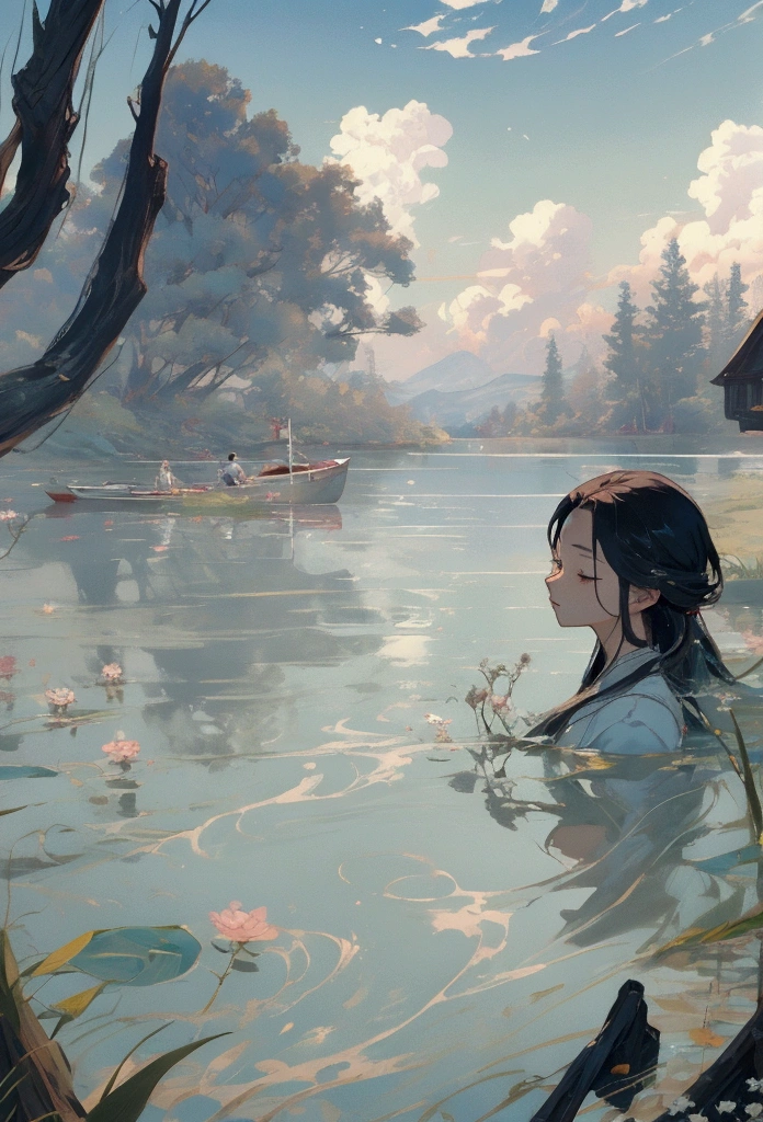 The painting shows a boat in the lake,Surrounded by flowers, Relaxation concept art, Anime beautiful peaceful scene, Beautiful anime scene, Landscape Artwork, Beautiful anime scenery, Peaceful environment, Ross Chen. Landscape background, Peaceful scene, Tranquil scenery, Anime Nature, Silvaan Sarayi, relaxing environment, Beautiful and detailed scenes, Peaceful atmosphere, Dreamlike scene, Shen Haicheng