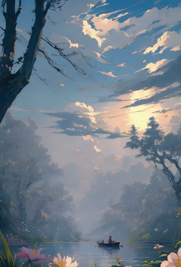 The painting shows a boat in the lake，Surrounded by flowers, Relaxation concept art, Anime beautiful peaceful scene, Beautiful anime scene, Landscape Artwork, Beautiful anime scenery, Peaceful environment, Ross Chen. Landscape background, Peaceful scene, Tranquil scenery, Anime Nature, Silvaan Sarayi, relaxing environment, Beautiful and detailed scenes, Peaceful atmosphere, Dreamlike scene, Shen Haicheng