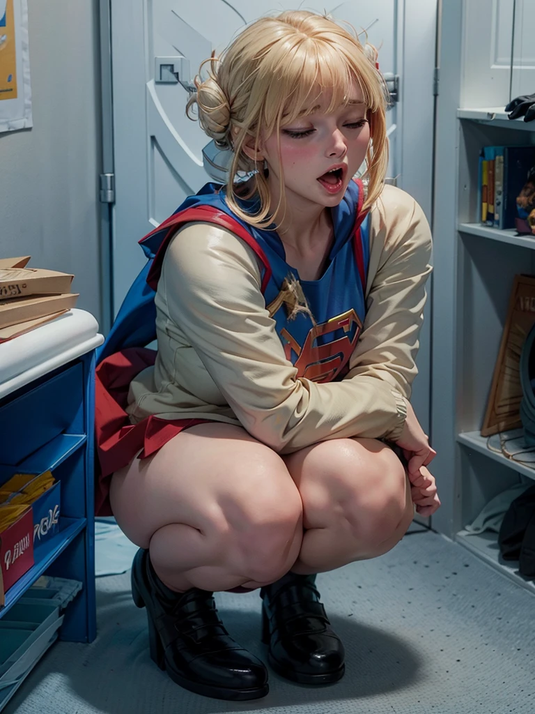 "Supergirl, Melissa, CW, detailed uniform, Crouching, surprised face, Closed eyes, Open mouth".