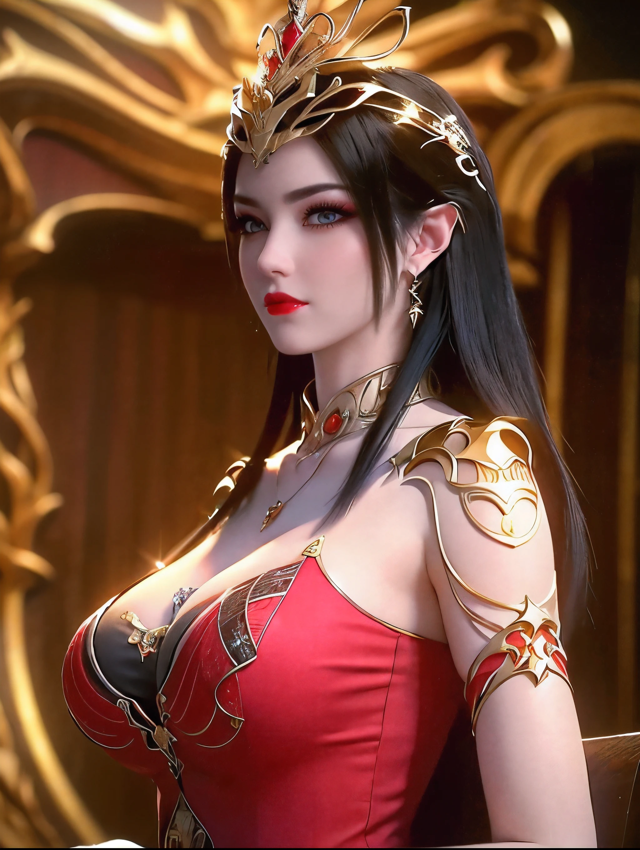 "An extremely beautiful queen,(best quality,4k,highres,masterpiece:1.2),ultra-detailed,(realistic,photorealistic,photo-realistic:1.37),beautiful queen,royal costume,sparkling crown,colorful gemstones,golden scepter,elegant pose,garden background,soft lighting,vibrant colors,delicate facial features,long flowing hair,big and round breasts,black eye pupils,The big, round platinum eyes are beautiful and super detailed,red and detailed makeup eyebrows,mouth closed tightly,dreamy atmosphere,the most perfect body,ethereal beauty,proud expression,clasped the queen's hands behind her back,strikingly graceful,lovely and charming,attention to detail,regal and majestic,fairytale-like ambiance,1 girl, 1 alone,full body"