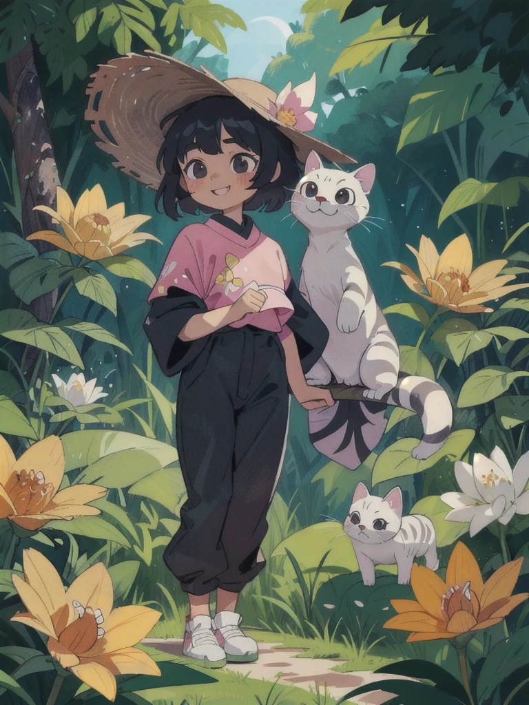 A stunning beauty cute little Javanese girl, her name is Sora, . Beautiful silky black short hair, wearing a straw hat, beautiful black eyes, beautiful pink lips and smiling happily. She's wearing a yellow shirt, and a black jumpsuit with a white cat logo embroided. Also she's wearing white sneakers. She is holding a white tiger cub. A top of mountain full of flowers in the background. Very detailed anatomy, very detailed face, very detailed background, very detailed clothes, very detailed animal. Photorealistic HD image, very wide angle, top to toes, full body, A Masterpiece.