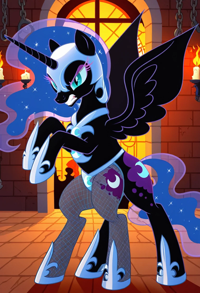 Pony  angry  nightmare moon in   in fishnet tights  b locked in a dungeon