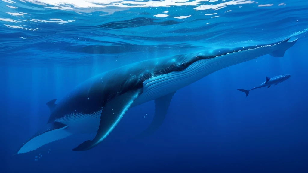 Create a captivating piece of art depicting a majestic blue whale in its natural marine habitat。. Imagine the enormous size and gentle nature of this amazing marine creature!. Capture exquisite details, Blue-grey skin、The awe it evokes as it glides gracefully through the deep blue ocean. Convey the majesty and serenity of the blue whale in this stunning ocean scene