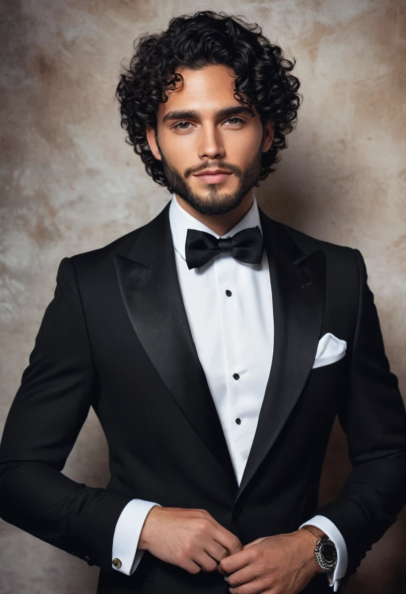You can create an image of a handsome young man with a fine face, clear skin, black hair, barba, black gala dress, besandojunto a una mujer de clear skin, Curly hair, elegantly dressed in white
