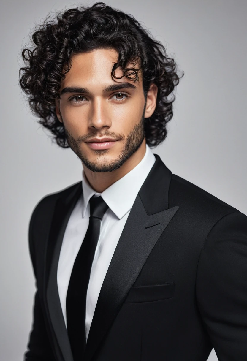 You can create an image of a handsome young man with a fine face, clear skin, black hair, barba, black gala dress, besandojunto a una mujer de clear skin, Curly hair, elegantly dressed in white