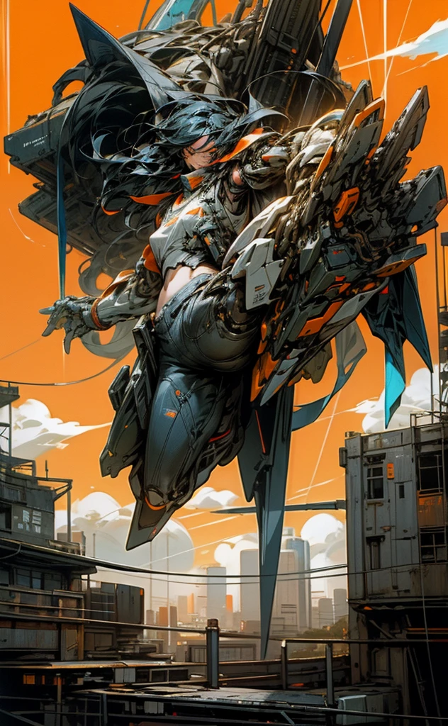 Long black hair、Beauty、White tank top、Highest quality、cyber punk、Orange goggles、cyborg、background(Sky and Machine City)blue sky、Jumping figure