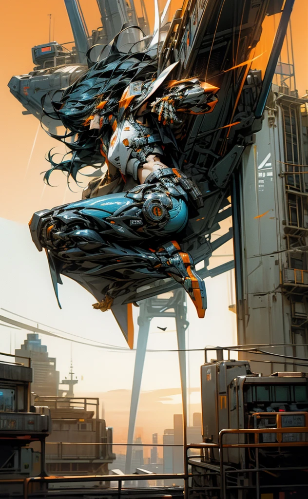 Long black hair、Beauty、White tank top、Highest quality、cyber punk、Orange goggles、cyborg、background(Sky and Machine City)blue sky、Jumping figure