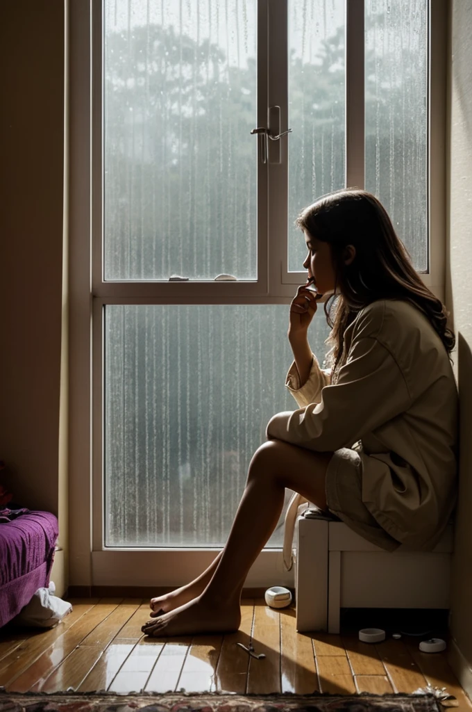 A girl smoking in her room, sitting on the floor, while it rains and drops fall on the window of his room