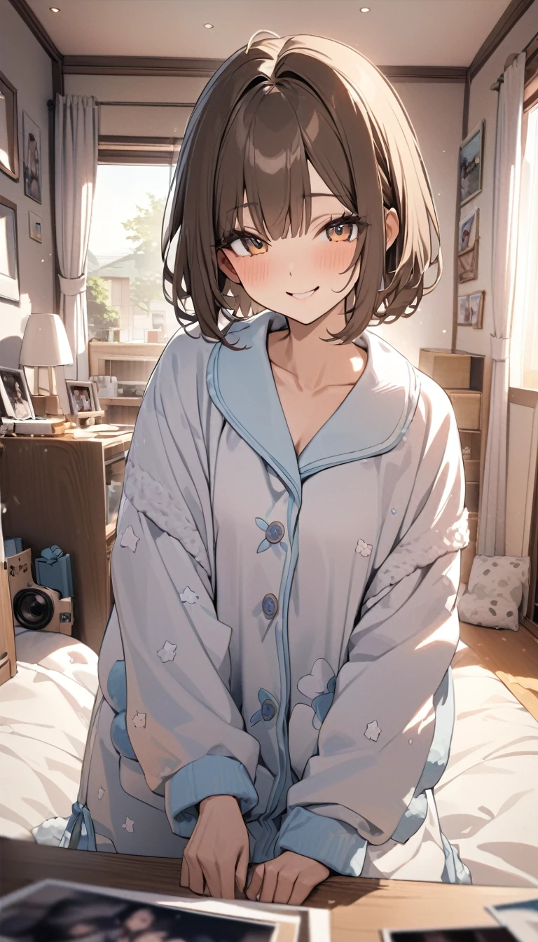 masterpiece , Highest quality , Very detailed , 8k , photograph ,Cute Woman , 18-year-old, 1 girl , Loungewear, bangs , smile , , Symmetrical eyes , Brown Hair , Bobcut , Single family home、my room