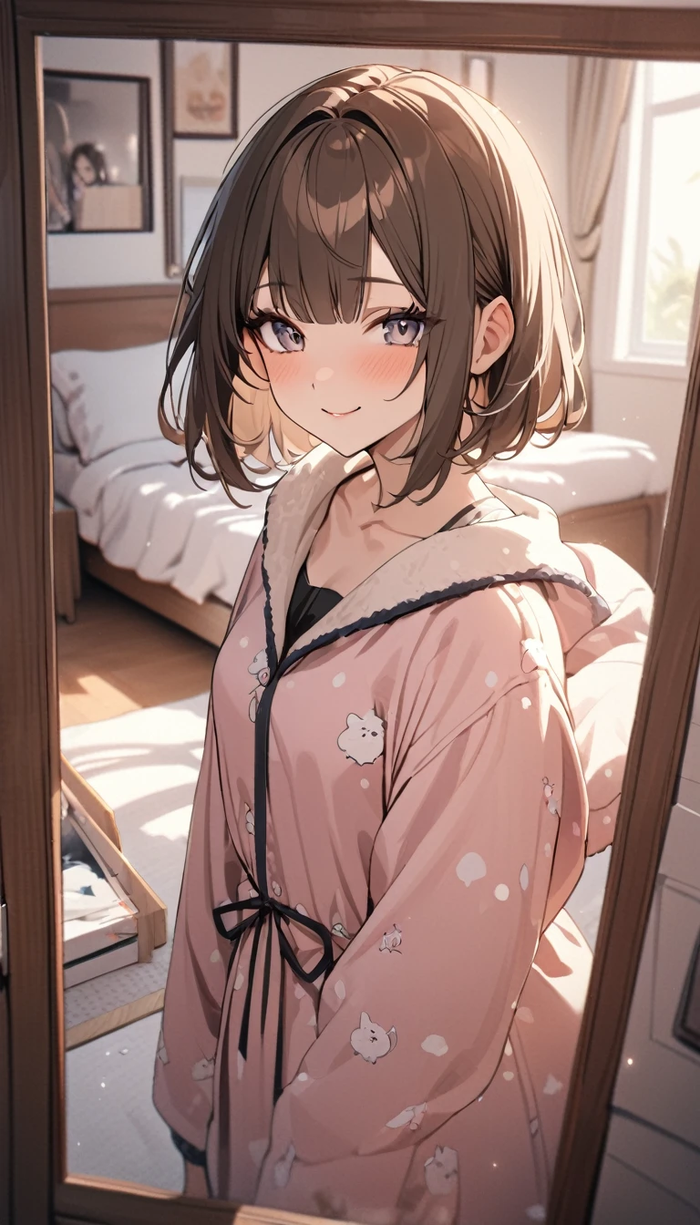 masterpiece , Highest quality , Very detailed , 8k , photograph ,Cute Woman , 18-year-old, 1 girl , Loungewear, bangs , smile , , Symmetrical eyes , Brown Hair , Bobcut , Single family home、my room