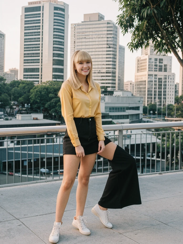 her name is Alliyah, high quality, 1girl, ((20-year-old fit Caucasian woman)), ((20 years old)), ((fit)), ((medium blonde with bangs)), pose: standing, wearing stylish colorful black trend Generation-Z modern wear, BACKGROUND: overlooking city streets, ugly smiling, POSE: standing