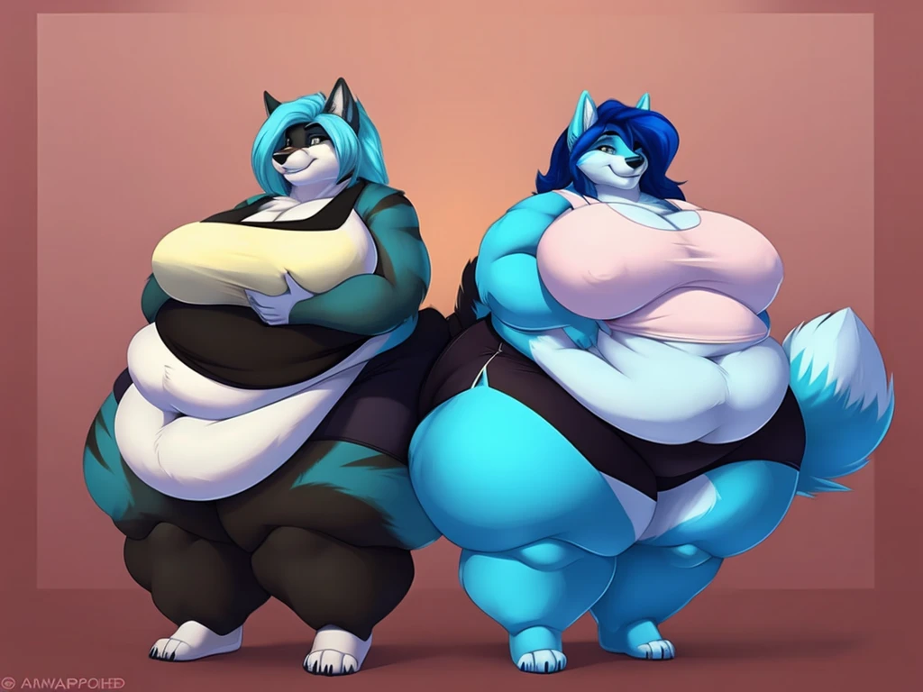 Malamute, female, long blue hair, black and blue body,huge breasts, huge hips, huge thighs, plump, voluptuous, morbidly obese, gorgeous, beautiful, eyelashes, black tank top, black shorts,fat arms, fat legs, belly rolls, fat rolls, hip fat rolls, double chin, chubby cheeks ,cyan hair,cyan fur, cyan eyes,pear-shapped figured, plantigrade, ,duo, lesbians