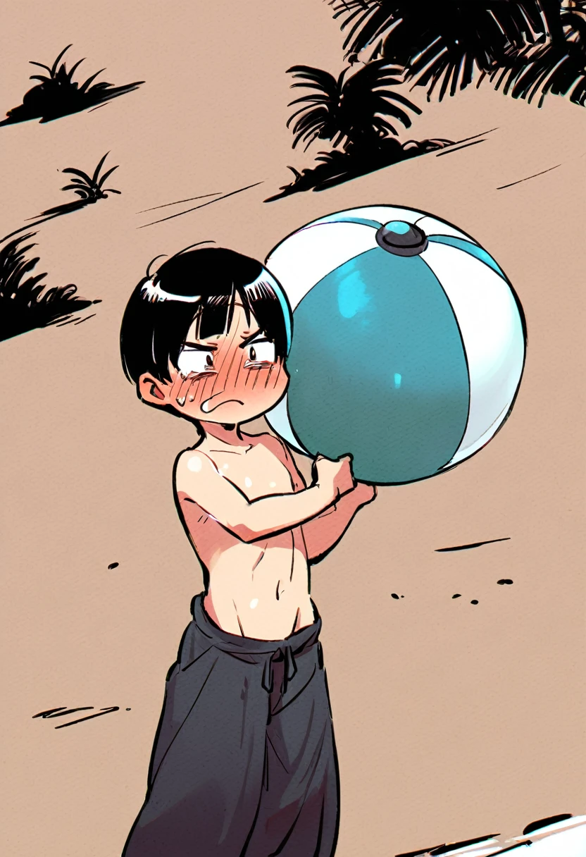 Nsfw, NUDE,Big beach ball pants、 Black Hair、Bob、Little Boy、Embarrassed face
