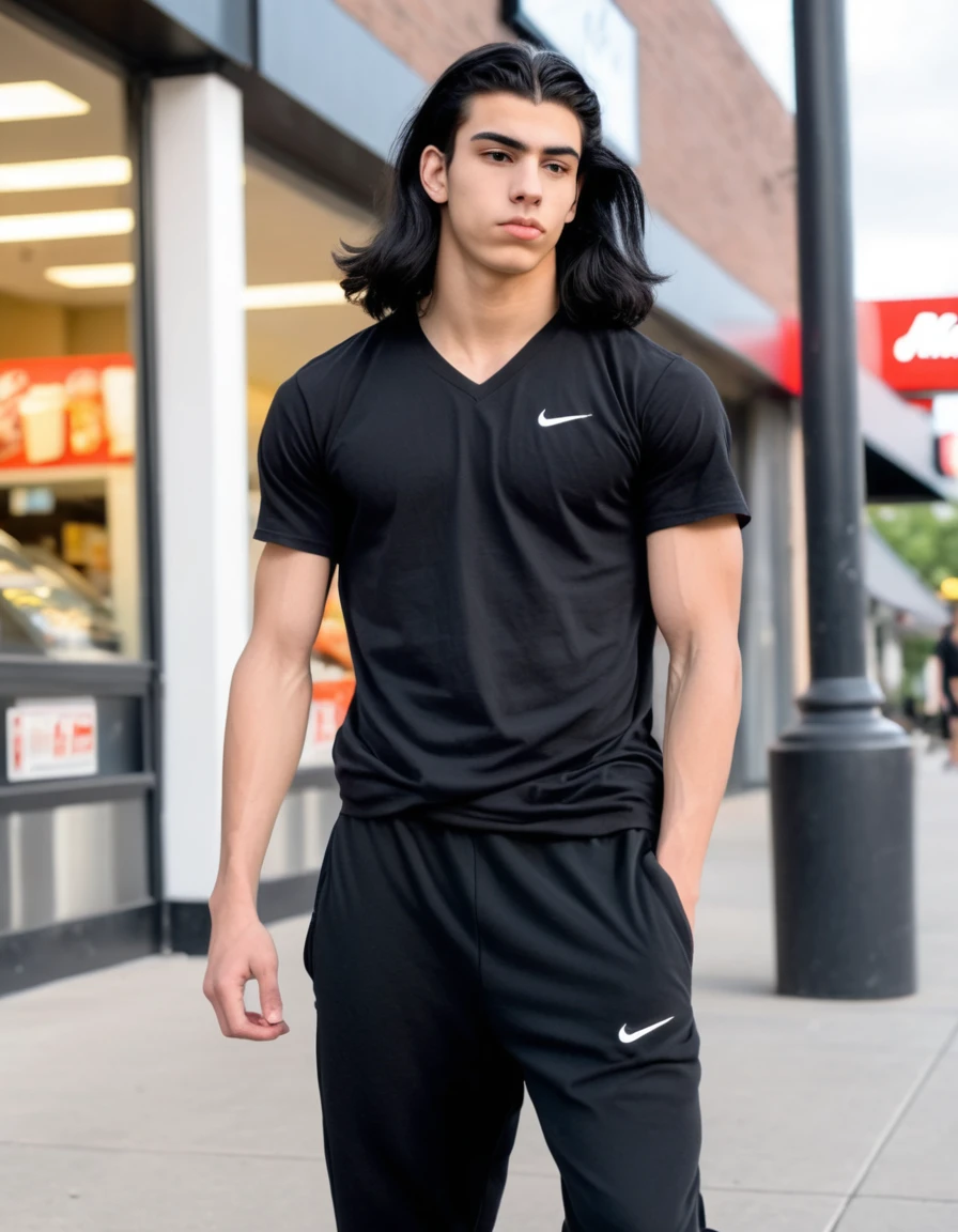 16 year old middle eastern male with shoulder length black long black hair, black v-neck tshirt, black long joggers, white nike air force shoes, muscular build, holding, outside of mcdonalds