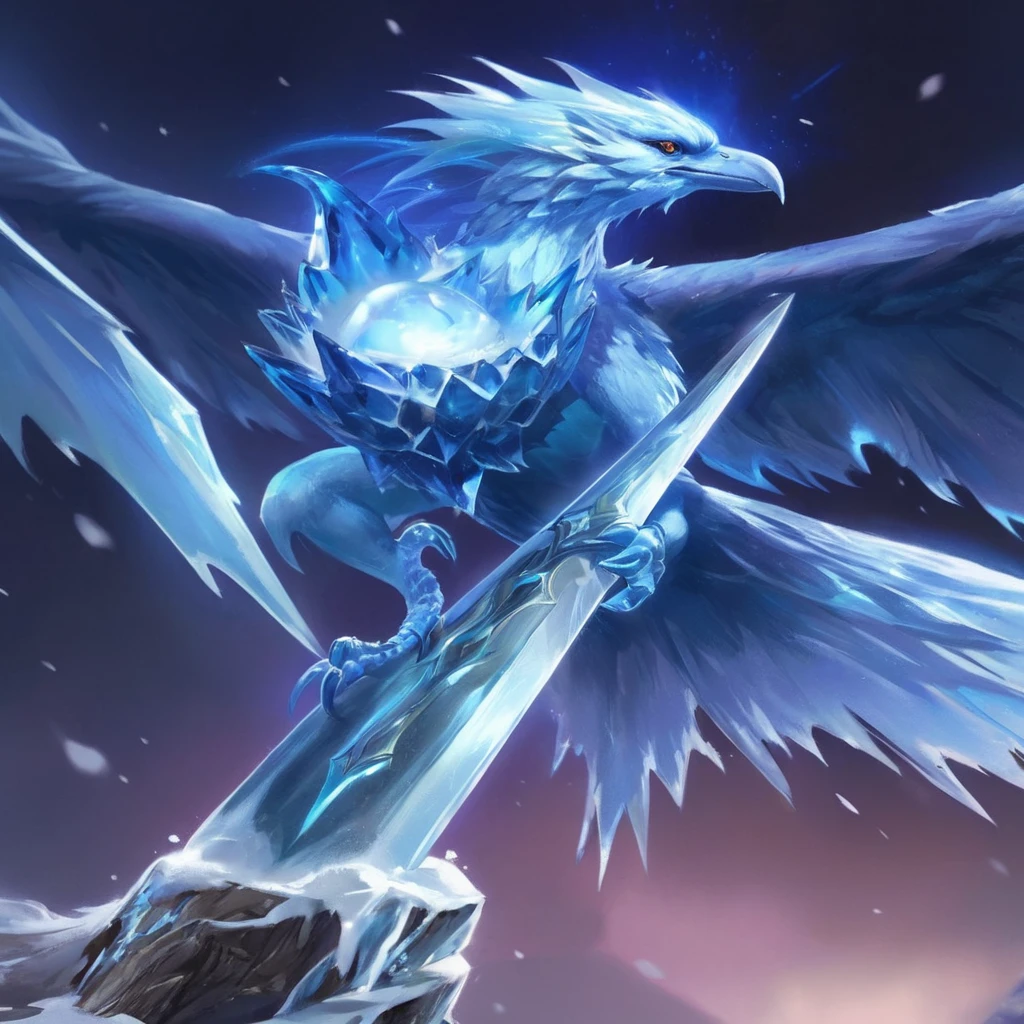 a close up of a crystal bird with a sword on a snowy surface, ice lord, ice wizard, ice master, with ice powers, magical icy crystal phoenix egg, scary sharp ice, crystal clear skin, skin crystal, profile photo 1024px, ice cream, ice spell, Hearthstone card art, armor made of ice, frozen crystalline dragon, Blizzard Hearthstone concept art