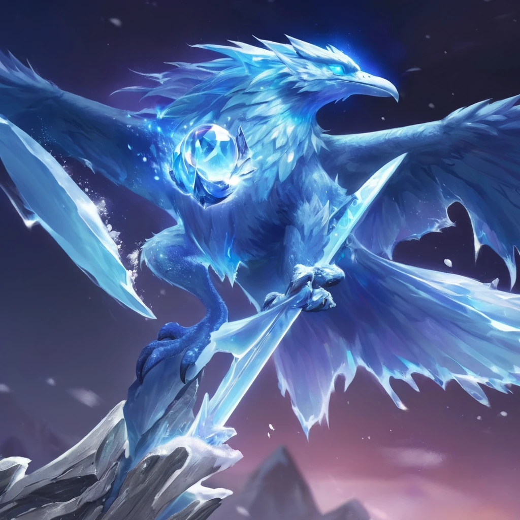 a close up of a crystal bird with a sword on a snowy surface, ice lord, ice wizard, ice master, with ice powers, magical icy crystal phoenix egg, scary sharp ice, crystal clear skin, skin crystal, profile photo 1024px, ice cream, ice spell, Hearthstone card art, armor made of ice, frozen crystalline dragon, Blizzard Hearthstone concept art