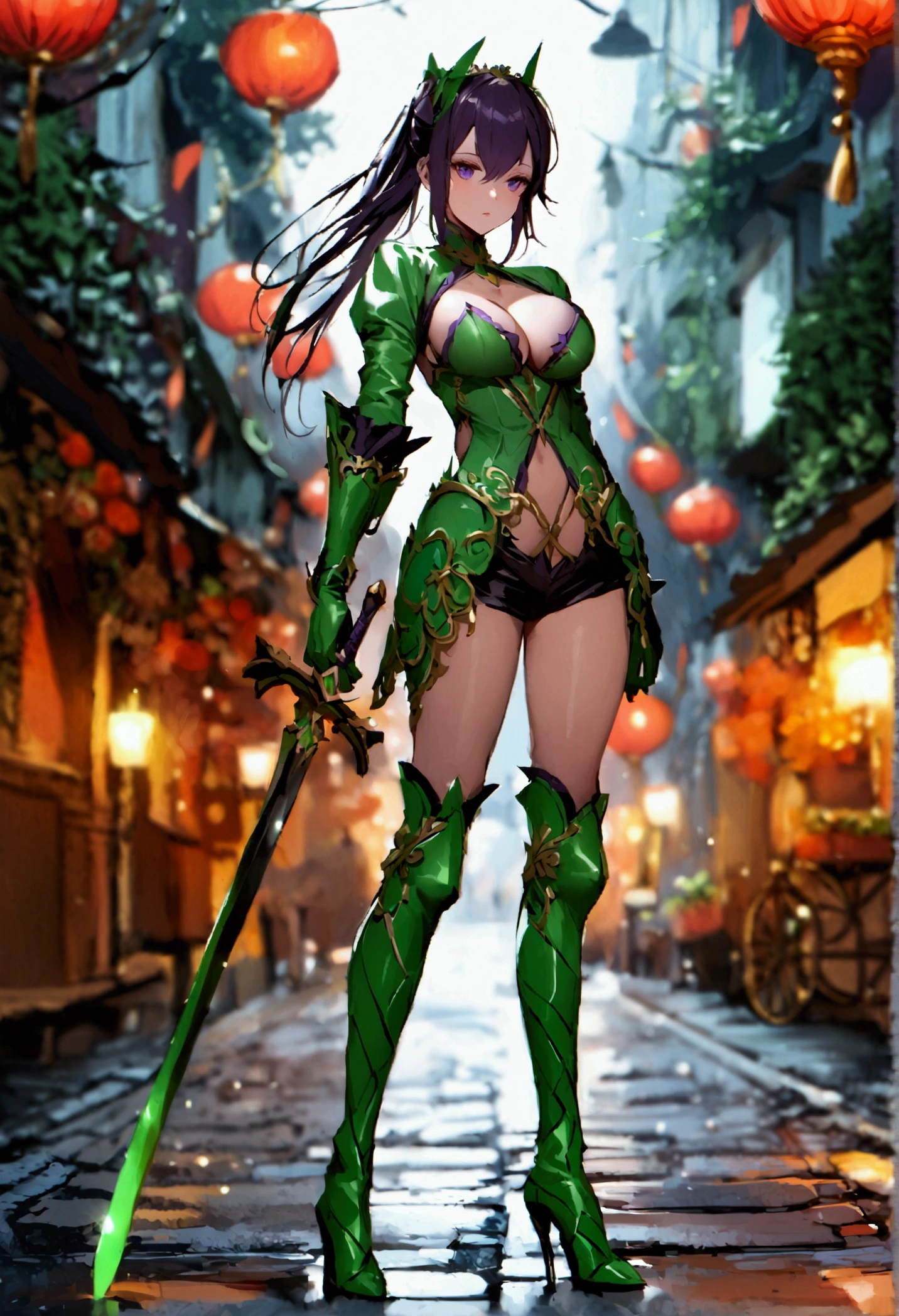 perfect and beautiful face, beautiful girl in green and purple pointed toe stiletto knee high boots, standing on street with sword in her hands ,, leatgher gloves on, big breasts and buts