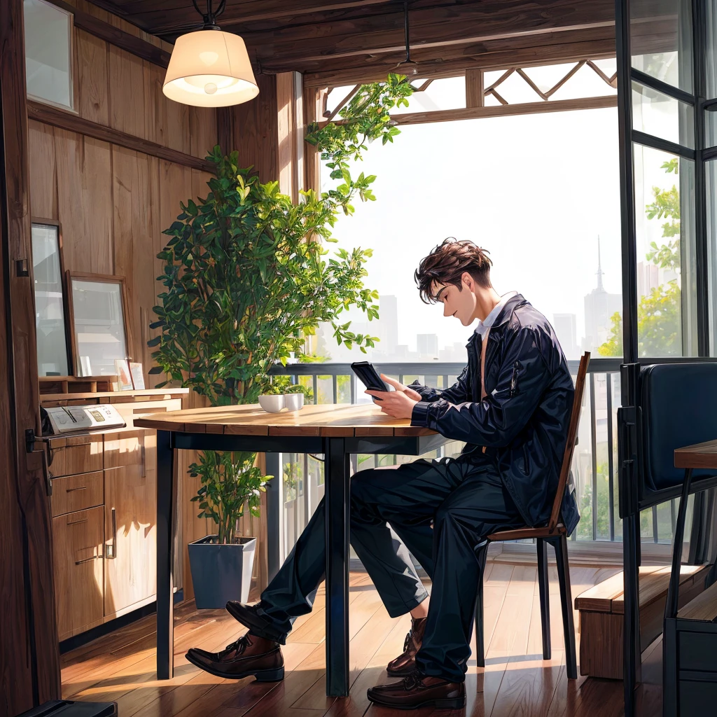 there is a man sitting at a table with a cell phone,
