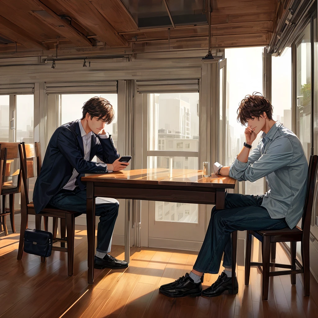 there is a man sitting at a table with a cell phone,