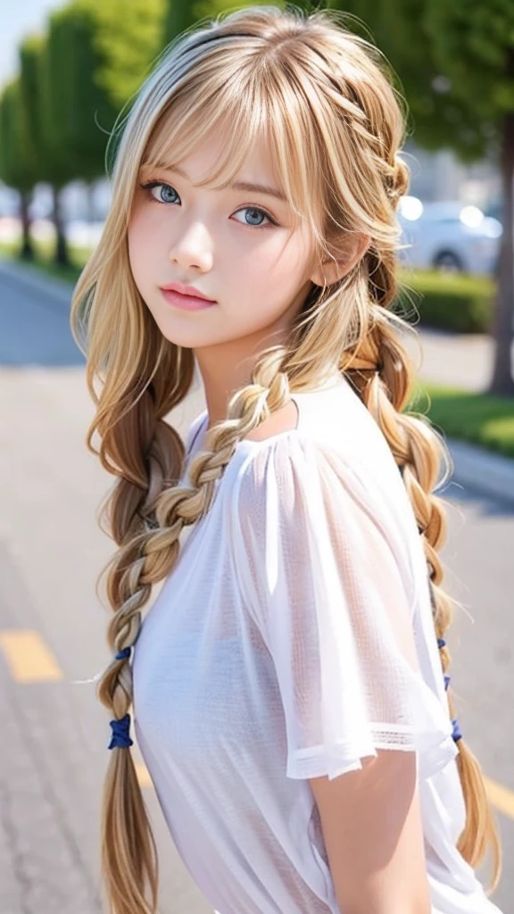 Sexy Big 、Sexy cute looks and cute 15 year old beautiful girl, beautiful and sexy face、A strong wind blows my hair in front of my face、beautiful long blonde French braided hair、beautiful, Cute and sexy eyes hidden behind long bangs