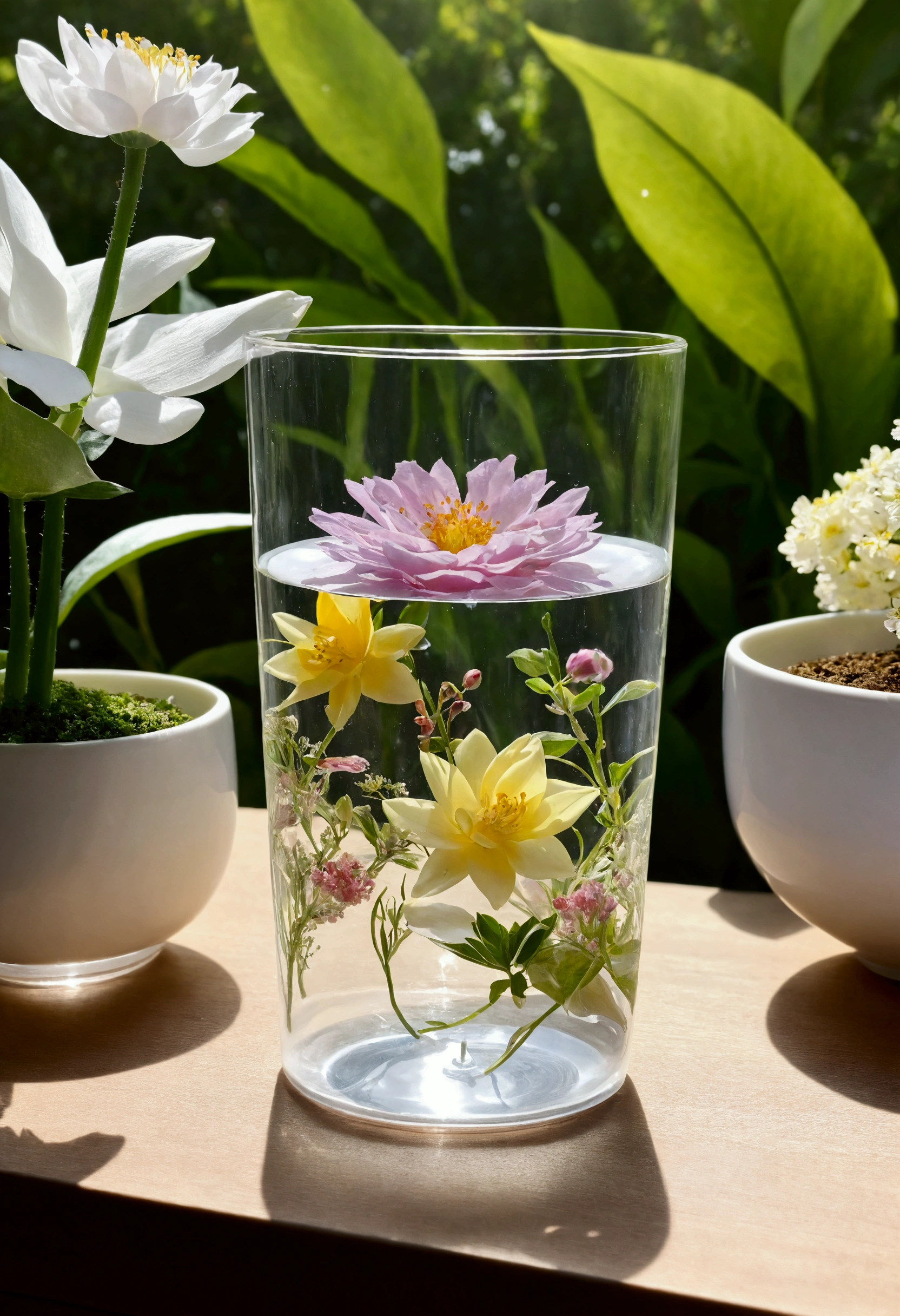 The transparent water cup in the middle,Surrounded by flowers and plants.