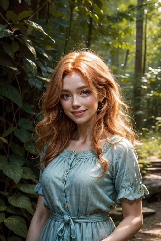 58 year old Human long strawberry blonde hair, human female smiling in a forest with a pleasant expression. Blue, Brown, Green. Wearing a cotton and linen dress with multiple colors.
