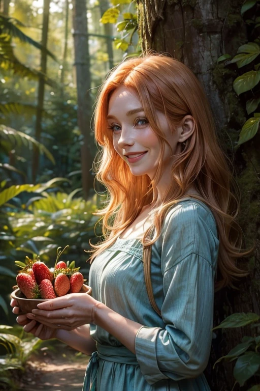 58 year old Human long strawberry blonde hair, human female smiling in a forest with a pleasant expression. Blue, Brown, Green. Wearing a cotton and linen dress with multiple colors.
