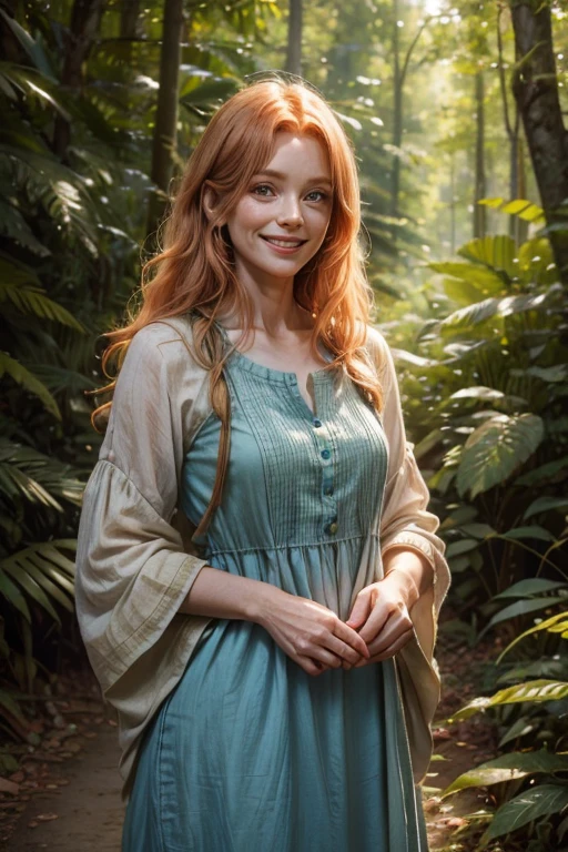 58 year old Human long strawberry blonde hair, human female smiling in a forest with a pleasant expression. Blue, Brown, Green. Wearing a cotton and linen dress with multiple colors.