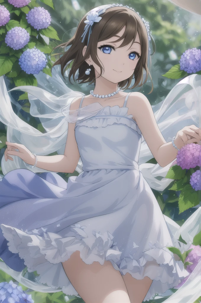 (Highest quality, masterpiece:1.2), One girl, alone, cute, smile, Detailed Background, (View your viewers, alone focus:1.2), Light on the face, null, blue null, sunlight, Lens flare, Depth of written boundary, scenery, Glowing Eyes, Mouth closed, Are standing, Cowboy Shot,
ANIH Dress, Ousaka Shizuku, jewelry, Short Hair, Brown Hair, blue eyes, Side Lock, Pearl Necklace, bangs, short hair, Rose, White Dress, Hair between the eyes, Earrings, Blue ribbon, Sleeveless dress, clavicle, star (symbol), Pearl Bracelet, star hair ornament, purple Rose, lace trim dress, beads, Ruffled Dress, White ribbon,
blister_particle, rain_Drop, cloud, (Hydrangea:1.4), Arms above the knee,