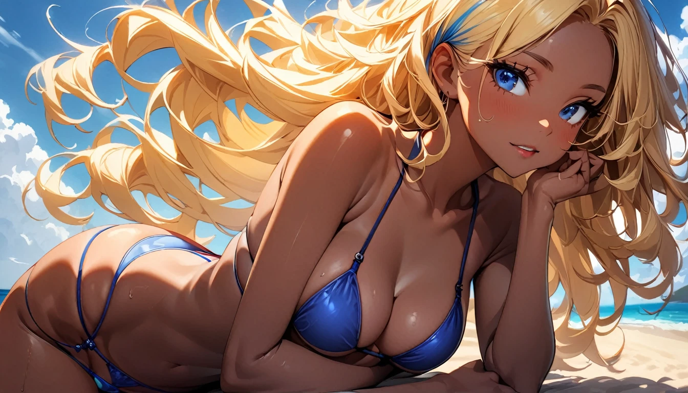 (highest quality:1.2, Very detailed, up to date, Vibrant, Ultra-high resolution, High Contrast, masterpiece:1.2, highest quality, Best aesthetics), Portraiture, girl, solo, (slim:1), Bright colors、Beautiful fine details、Beautiful lip detail、long hair, ((wavy hair:0.6))、messy hair, blonde and blue ((streaked hair:1.1)), (highlights hair:1.3), (medium breast:1.4), (tan skin:1.3), beautiful beach, day, sun shine, blue sky, (blue Thong swimsuit:1.8), full body