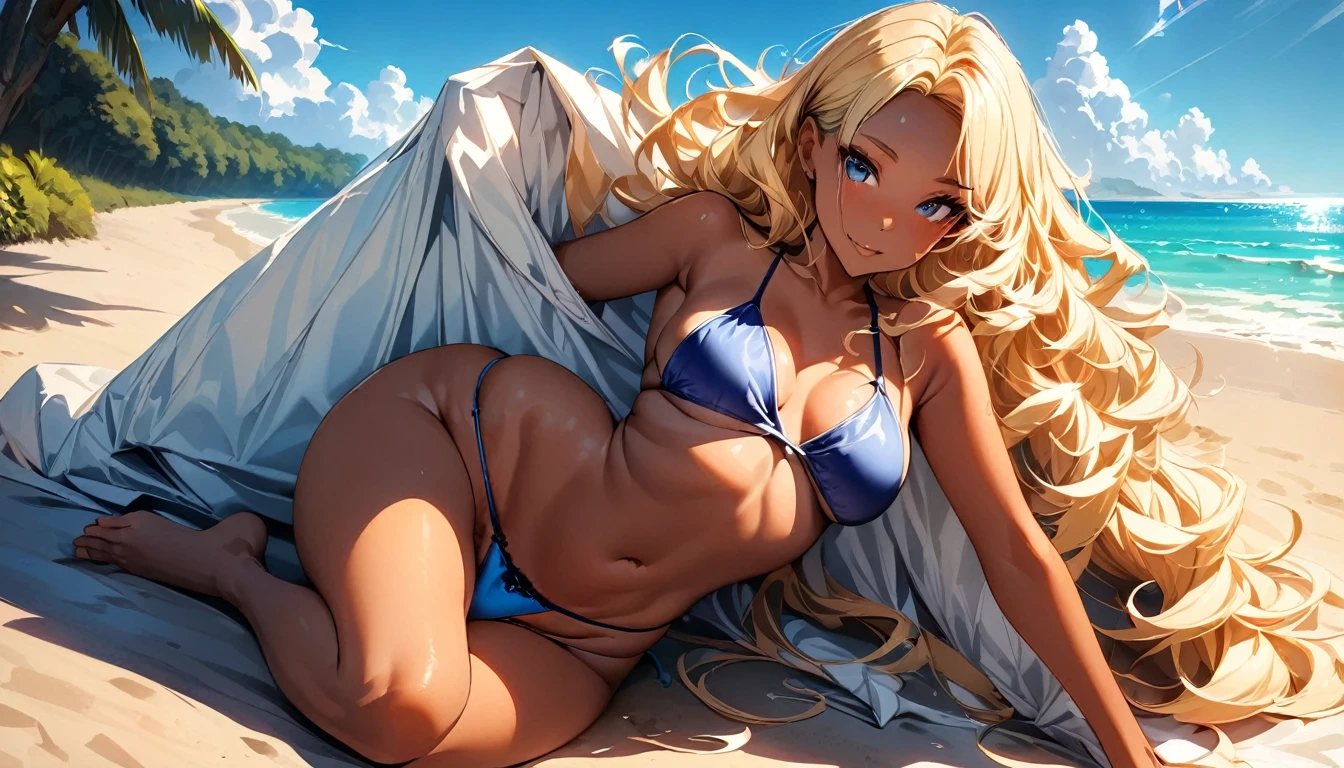 (highest quality:1.2, Very detailed, up to date, Vibrant, Ultra-high resolution, High Contrast, masterpiece:1.2, highest quality, Best aesthetics), Portraiture, girl, solo, (slim:1), Bright colors、Beautiful fine details、Beautiful lip detail、long hair, ((wavy hair:0.6))、messy hair, blonde and blue ((streaked hair:1.1)), (highlights hair:1.3), (medium breast:1.4), (tan skin:1.3), beautiful beach, day, sun shine, blue sky, (blue Thong swimsuit:1.8), full body