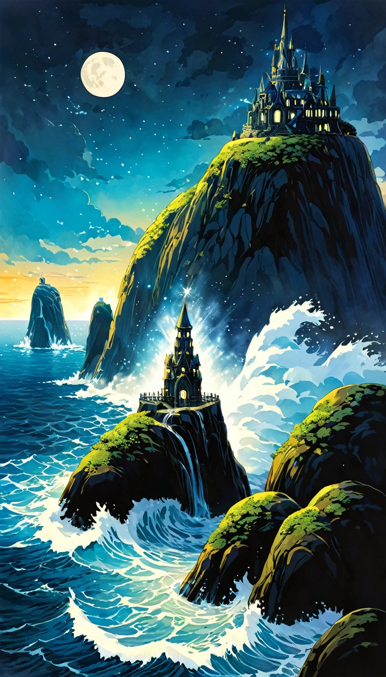 A huge cliff in the middle of the sea(There are rough waves and spray under the cliff)，A mysterious island with a waterfall in the middle，There is a crystal castle on the mysterious island surrounded by mountains.(Emits a very bright blue light)The light of the gods shines. There is a huge bluish full moon in the background. There is a very thick mist. The atmosphere is mysterious, majestic and majestic., Surrealism, Luminism art aesthetic magical landscape, Intricate Fantasy Paintings, Detailed Fantasy Art Fantasy Illustrator Mystical Illusion Art, Extremely detailed dream scenes, perfectly composed, intricately detailed, meticulous digital art