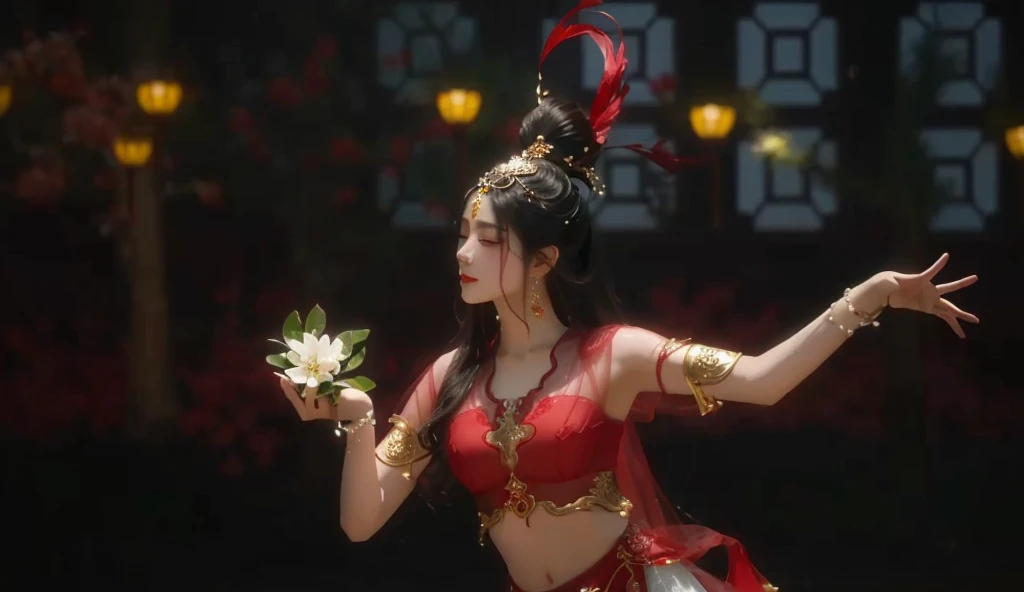 Dressed in red、Alafah dancer holding flowers, Inspired by trees, Inspired by Lan Ying, Inspired by Gong Xian, Inspired by Du Qiong, Fantasy Stills, Underwater temple dance scene, Inspired by Roma, Inspired by Qiu Ying, Inspired by Lv Ji, Inspired by Li Tang, Inspired by Pu Hua