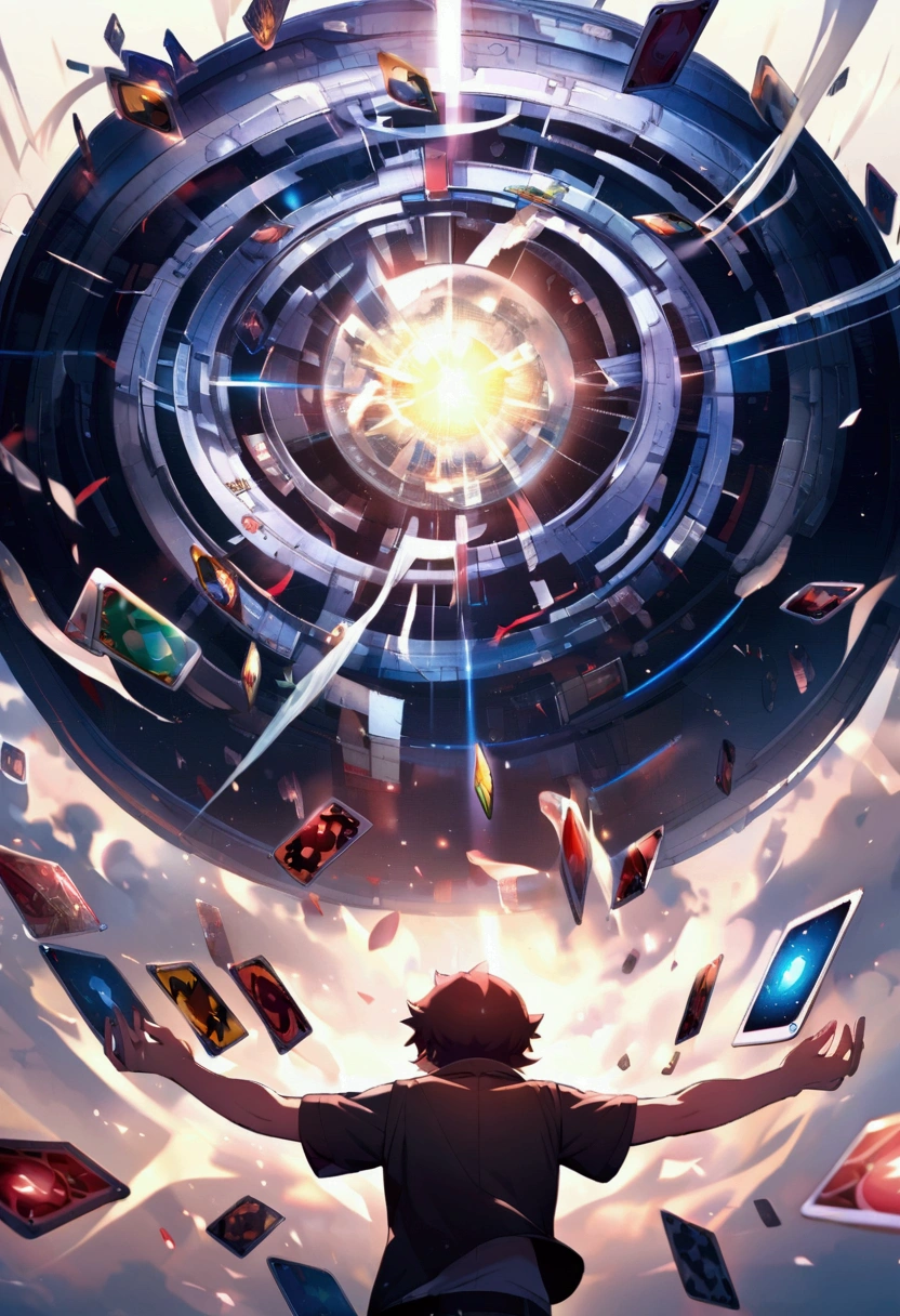 Pokémon Ash opens his hands, with Pokémon game cards suspended in the middle.